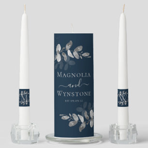 Navy Silver Eucalyptus Monogram Wedding Unity Candle Set