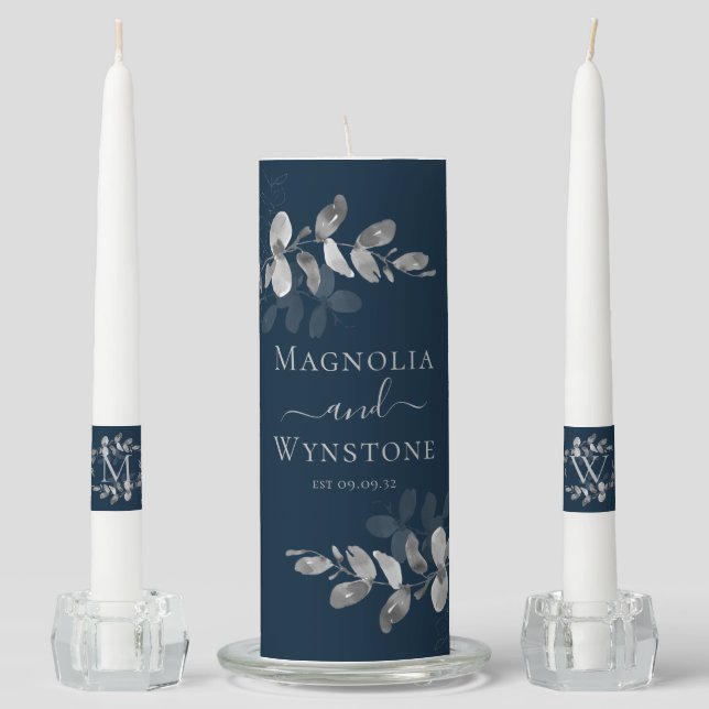 Navy Silver Eucalyptus Monogram Wedding Unity Candle Set (Front)