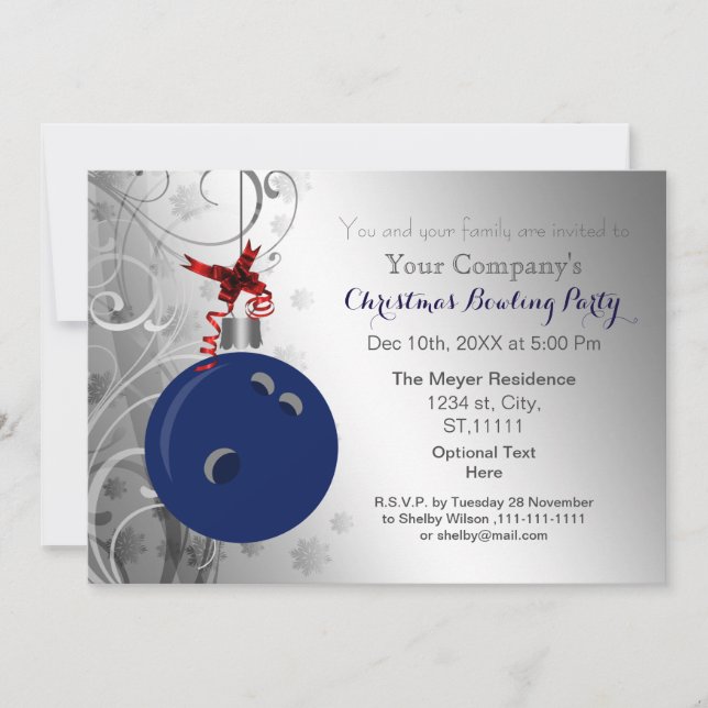 navy silver Festive Corporate Bowling party Invite (Front)