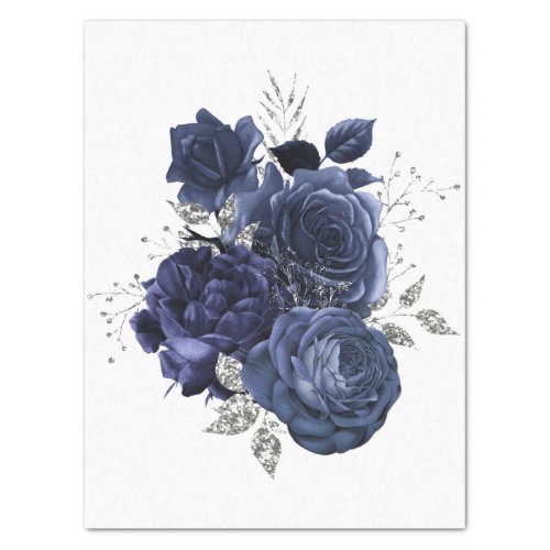 Navy Silver Floral Bouquet Watercolor Decoupage Tissue Paper