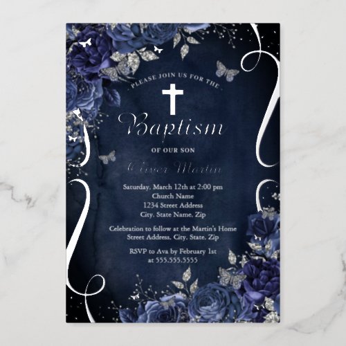 Navy Silver Floral Butterfly Boy Baptism  Foil Invitation