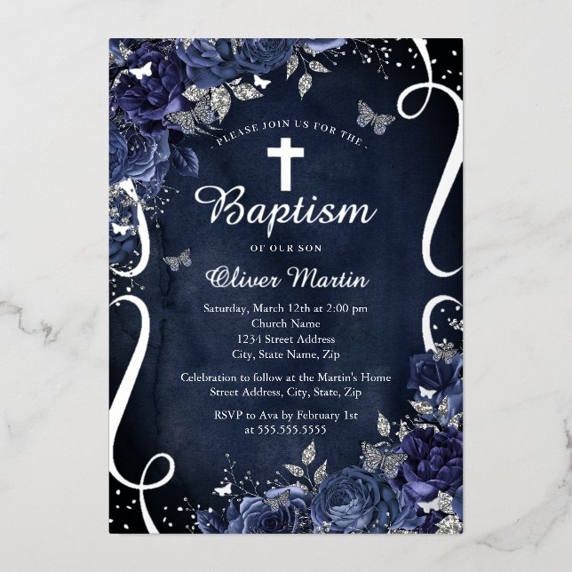 Navy Silver Floral Butterfly Boy Baptism  Foil Invitation (Front)