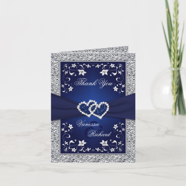 Navy Silver Floral Hearts FAUX Foil Thank You Card (Front)