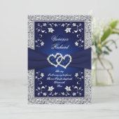 Navy Silver Floral Hearts FAUX Foil Wedding Invite (Standing Front)