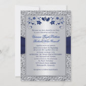 Navy Silver Floral Hearts FAUX Foil Wedding Invite (Back)