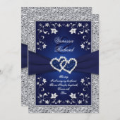 Navy Silver Floral Hearts FAUX Foil Wedding Invite (Front/Back)