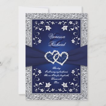 Navy Silver Floral Hearts Faux Foil Wedding Invite by NiteOwlStudio at Zazzle