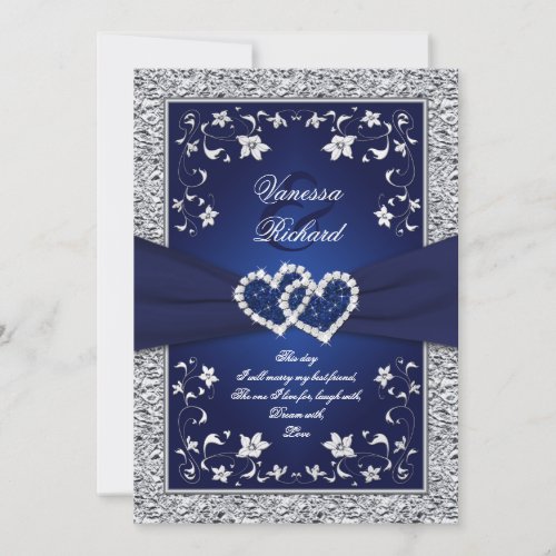 Navy Silver Floral Hearts FAUX Foil Wedding Invite