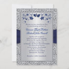 Navy Silver Floral Hearts FAUX Foil Wedding Invite
