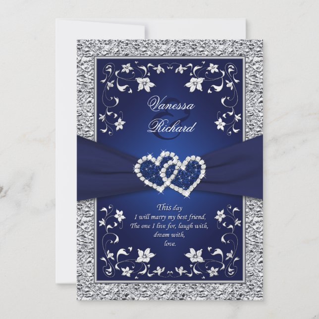 Navy Silver Floral Hearts FAUX Foil Wedding Invite (Front)