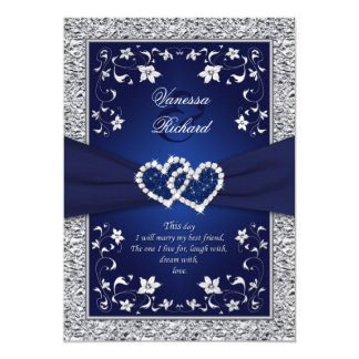 Navy Silver Floral Hearts FAUX Foil Wedding Invite