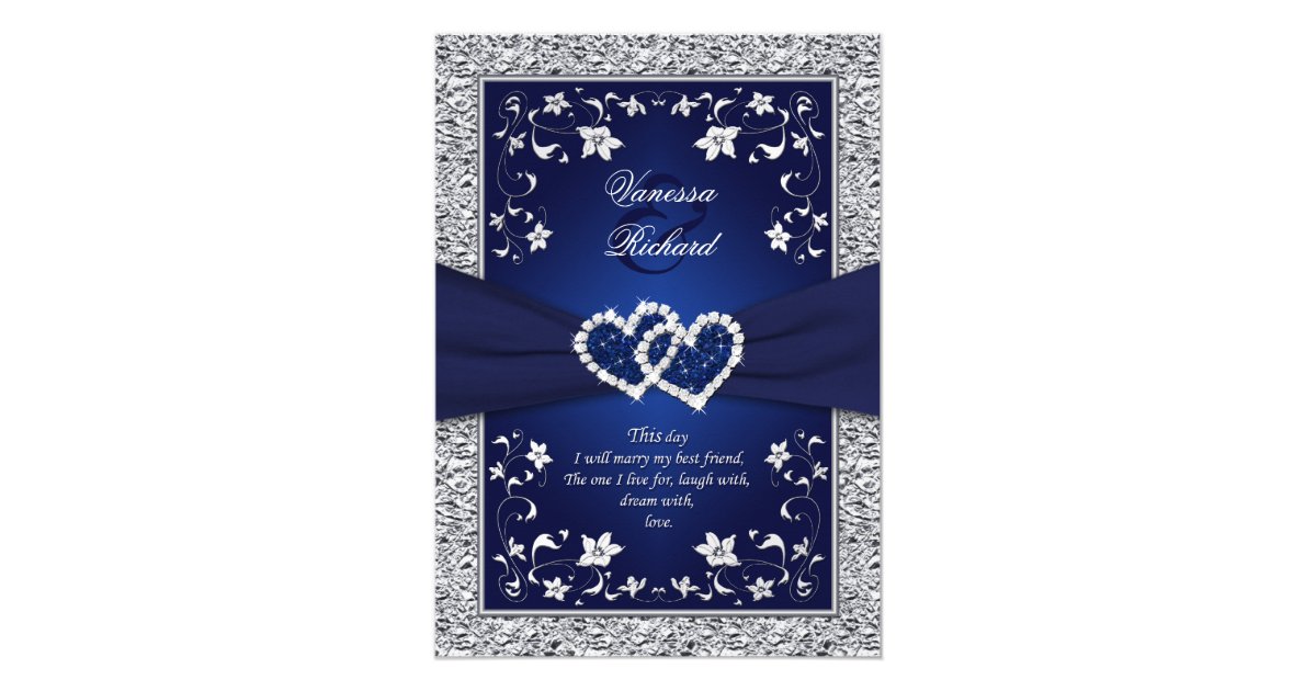 Navy Silver Floral Hearts FAUX Foil Wedding Invite | Zazzle.com