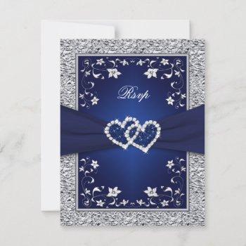 Navy Silver Floral Hearts Faux Foil Wedding Rsvp by NiteOwlStudio at Zazzle