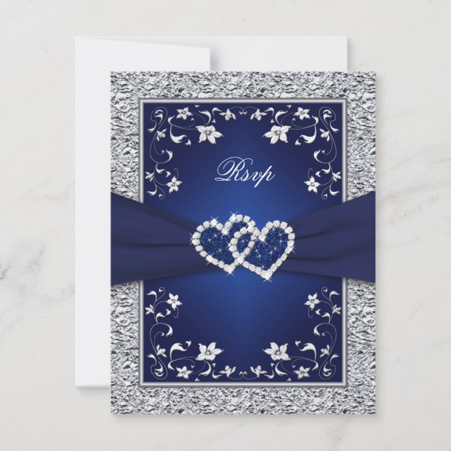 Navy Silver Floral Hearts FAUX Foil Wedding RSVP (Front)