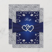 Navy Silver Floral Hearts FAUX Foil Wedding RSVP (Front/Back)