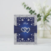 Navy Silver Floral Hearts FAUX Foil Wedding RSVP (Standing Front)