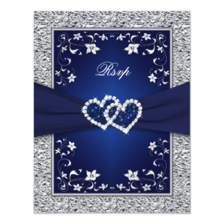 Navy Silver Floral Hearts FAUX Foil Wedding RSVP Invitation