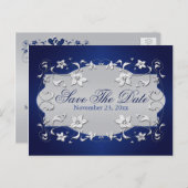 Navy, Silver Floral, Hearts Save The Date Postcard (Front/Back)
