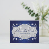 Navy, Silver Floral, Hearts Save The Date Postcard (Standing Front)