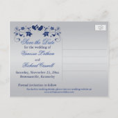 Navy, Silver Floral, Hearts Save The Date Postcard (Back)