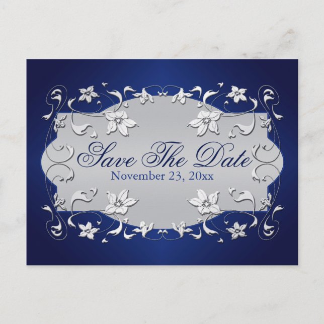 Navy, Silver Floral, Hearts Save The Date Postcard (Front)