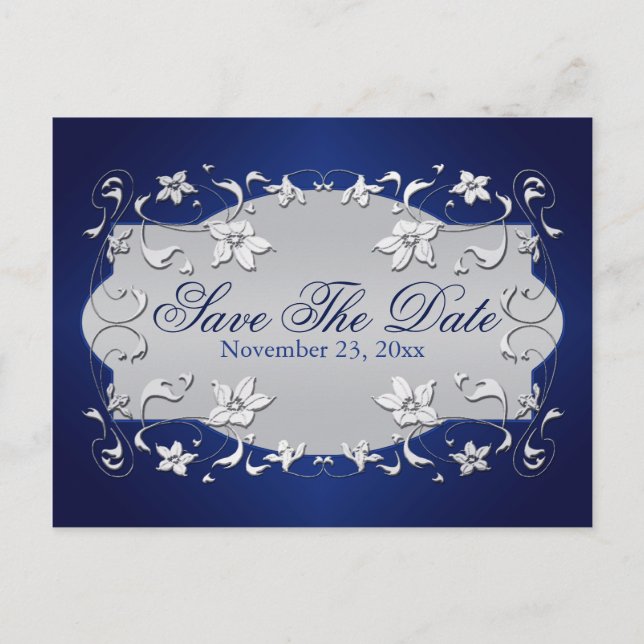 Navy, Silver Floral, Hearts Save The Date Postcard (Front)
