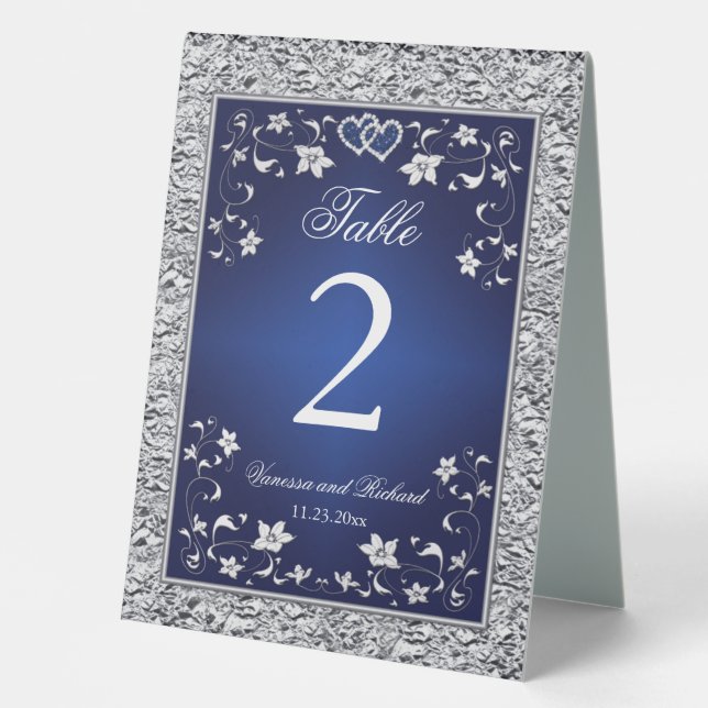 Navy, Silver Floral, Hearts Table Number Sign (Front)