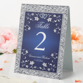 Navy, Silver Floral, Hearts Table Number Sign (In SItu (Wedding))