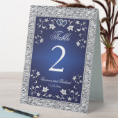 Navy, Silver Floral, Hearts Table Number Sign (In SItu (Table))