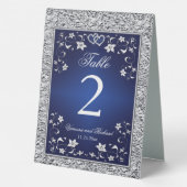 Navy, Silver Floral, Hearts Table Number Sign (Back)