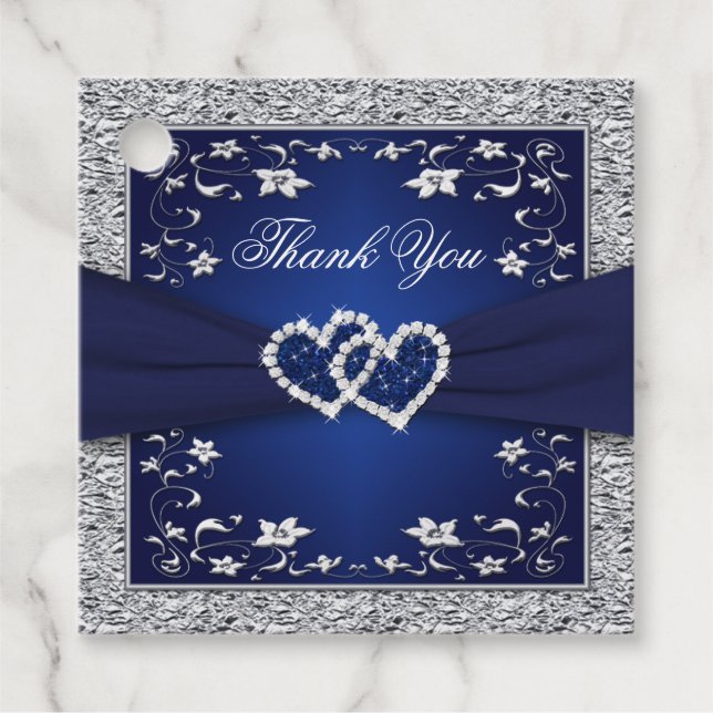 Navy, Silver Floral, Hearts Wedding Favor Tags (Front)