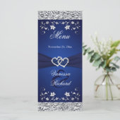 Navy, Silver Floral Joined Hearts Menu Card (Standing Front)