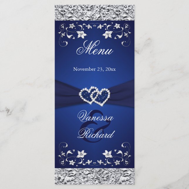 Navy, Silver Floral Joined Hearts Menu Card (Front)
