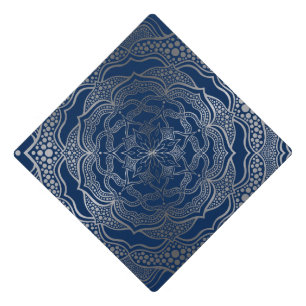 Navy & Silver Floral Mandala Classy Stylish Graduation Cap Topper