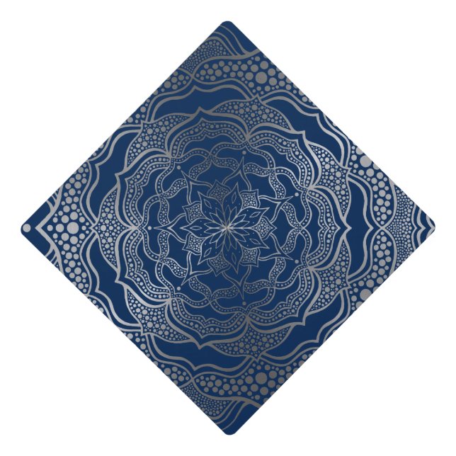 Navy & Silver Floral Mandala Classy Stylish Graduation Cap Topper (Front)