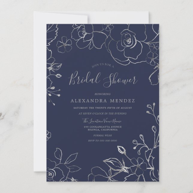 Navy & Silver Floral Modern Bridal Shower Invitation (Front)