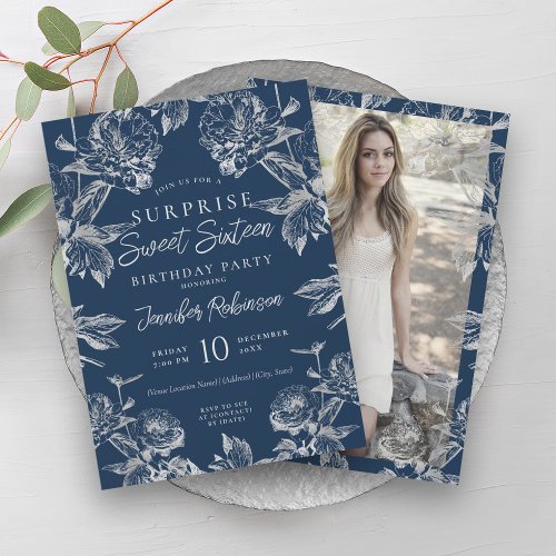 Navy Silver Floral Photo SURPRISE Sweet 16   Invitation