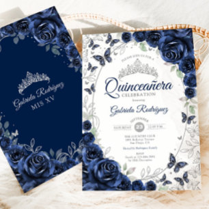 Navy Silver Floral Quinceanera Invitation