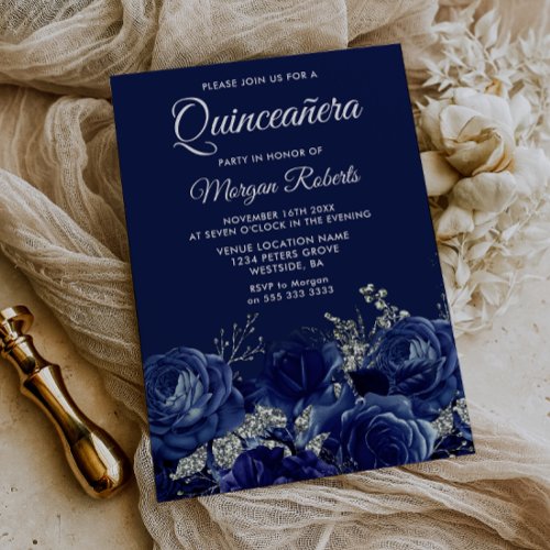 Navy & Silver Floral Quinceanera Party Invitation