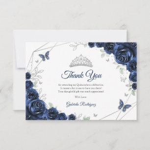 Navy Silver Floral Quinceanera Thank You Card