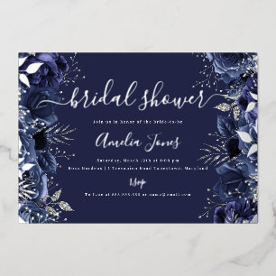 Navy Silver Floral Rose Bridal Shower Foil Invitation