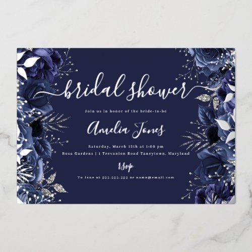 Navy Silver Floral Rose Bridal Shower Foil Invitation