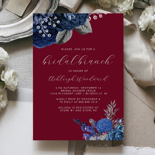 Navy Silver Floral Script Burgundy Bridal Brunch Invitation