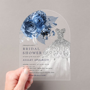 Navy & Silver Floral Wedding Dress Bridal Shower Acrylic Invitations