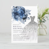 Navy & Silver Floral Wedding Dress Bridal Shower Invitation (Standing Front)