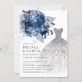 Navy & Silver Floral Wedding Dress Bridal Shower Invitation (Front)