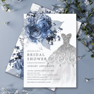 Navy & Silver Floral Wedding Dress Bridal Shower Invitation