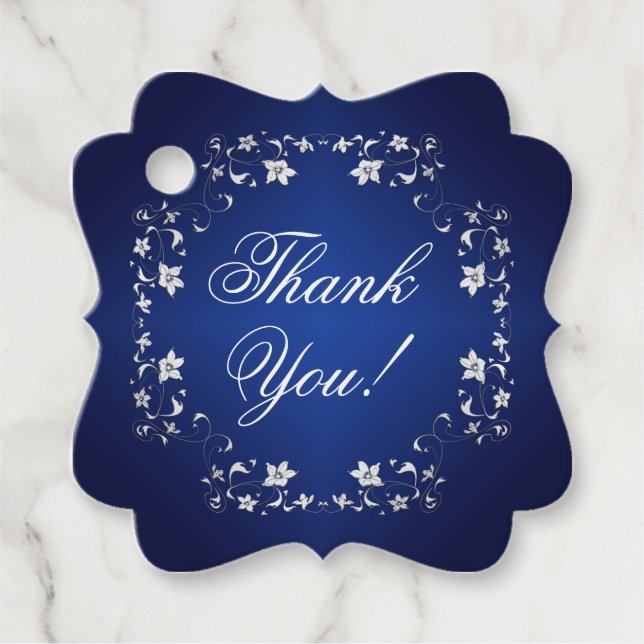Navy, Silver Floral Wedding Favor Tag (Front)