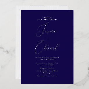 Navy & Silver Foil Elegant Script Wedding Foil Invitation