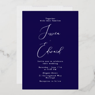 Navy & Silver Foil Elegant Script Wedding Foil Invitation